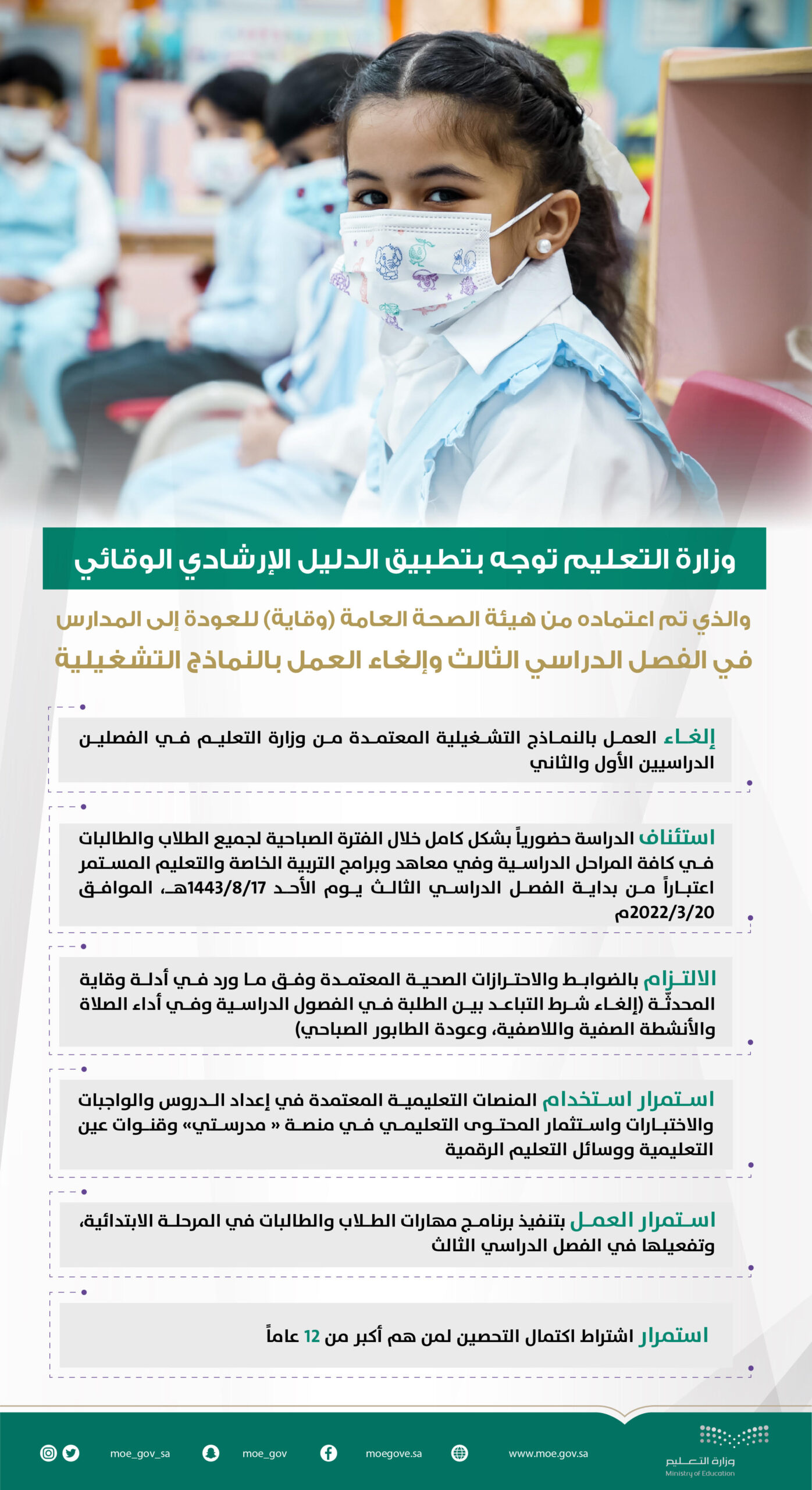 وزارة التعليم توجّه بتطبيق الدليل الإرشادي الوقائي المعتمد من هيئة الصحة العامة "وقاية" للعودة إلى المدارس في الفصل الدراسي الثالث، وإلغاء العمل بالنماذج التشغيلية، وعودة الأنشطة الصفية واللاصفية.